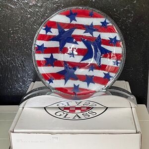 NIB Peggy Karr 9" Stars & Stripes Round Bowl Fused Art glass 2000 signed #SS09B